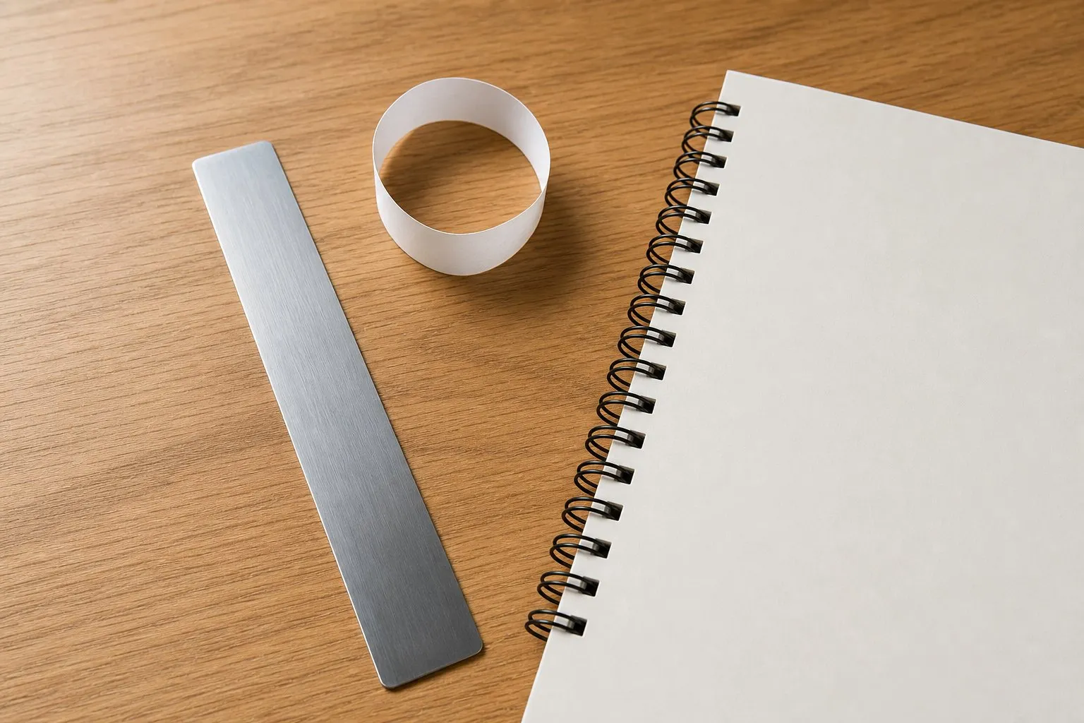 A plain paper strip ring sizer curled into a small loop on an oak desk beside a blank notebook page