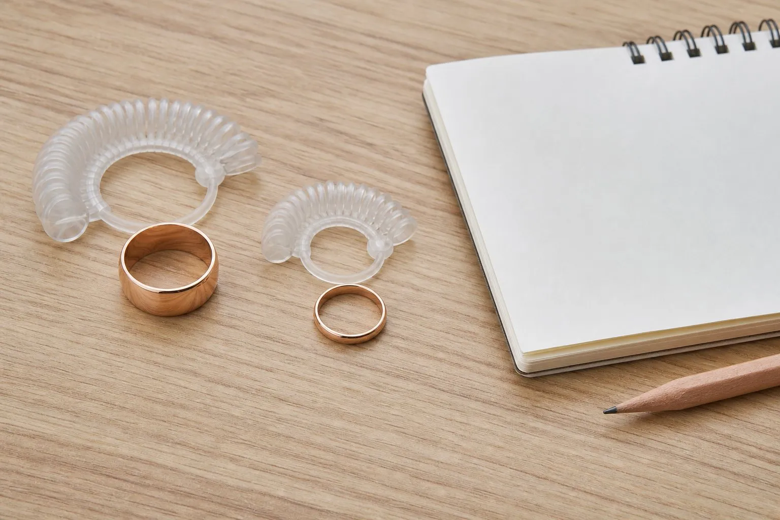 Two plain rose gold wedding bands of different widths beside two clear plastic ring sizing gauges and a blank notebook, ready for sizing each ring of a matching pair