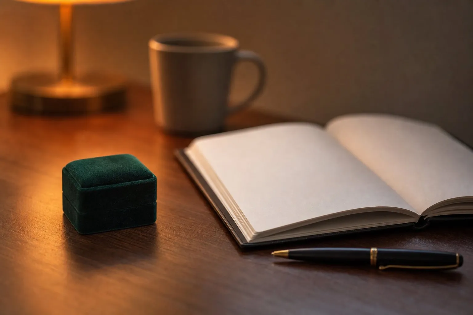 A closed dark green velvet engagement ring box on a wooden desk beside an open notebook with blank pages and a pen