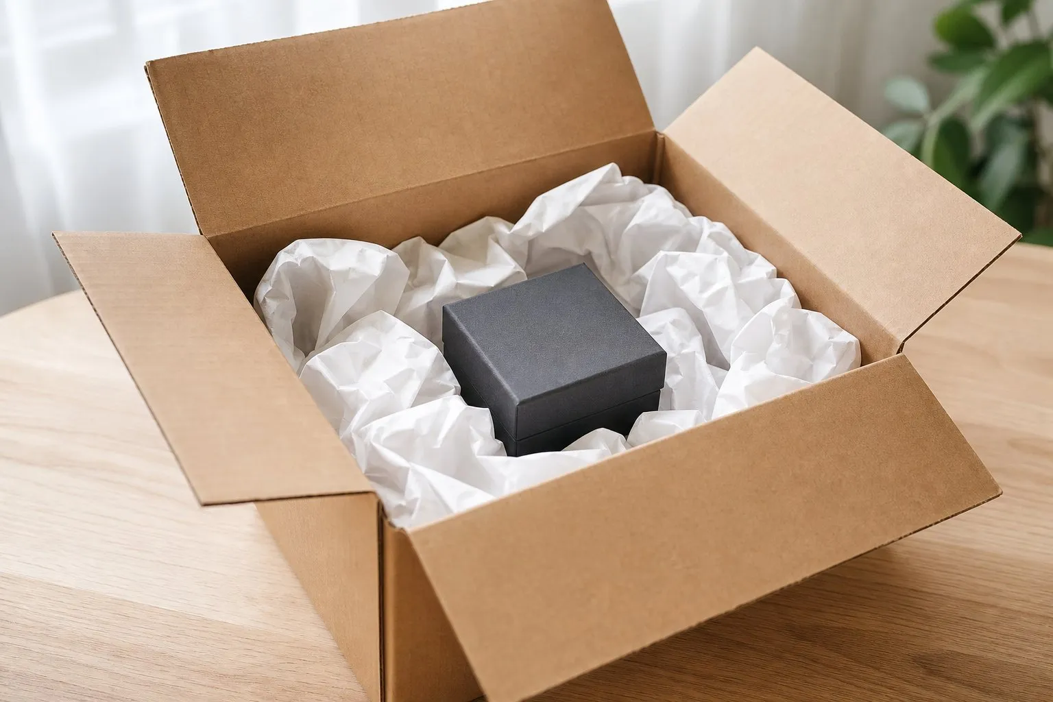 An open shipping box holding a small closed ring box in blank packing paper
