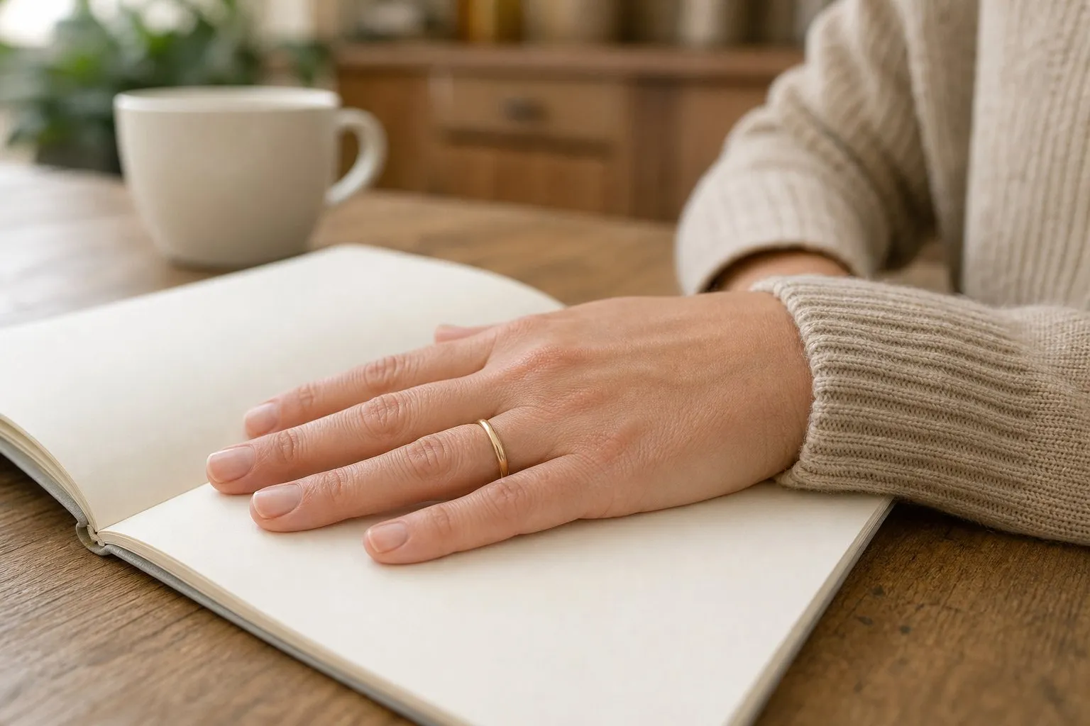 A hand resting on a blank notebook wearing one thin plain yellow gold wedding band