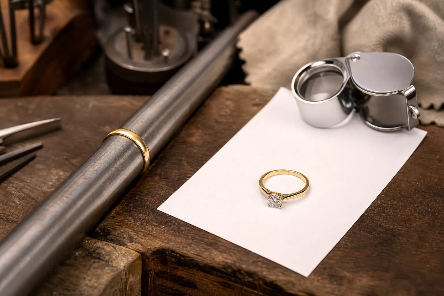 A slim yellow gold wedding band on a steel ring mandrel at a jeweler's bench, with its matching solitaire engagement ring set aside on blank paper beside a loupe