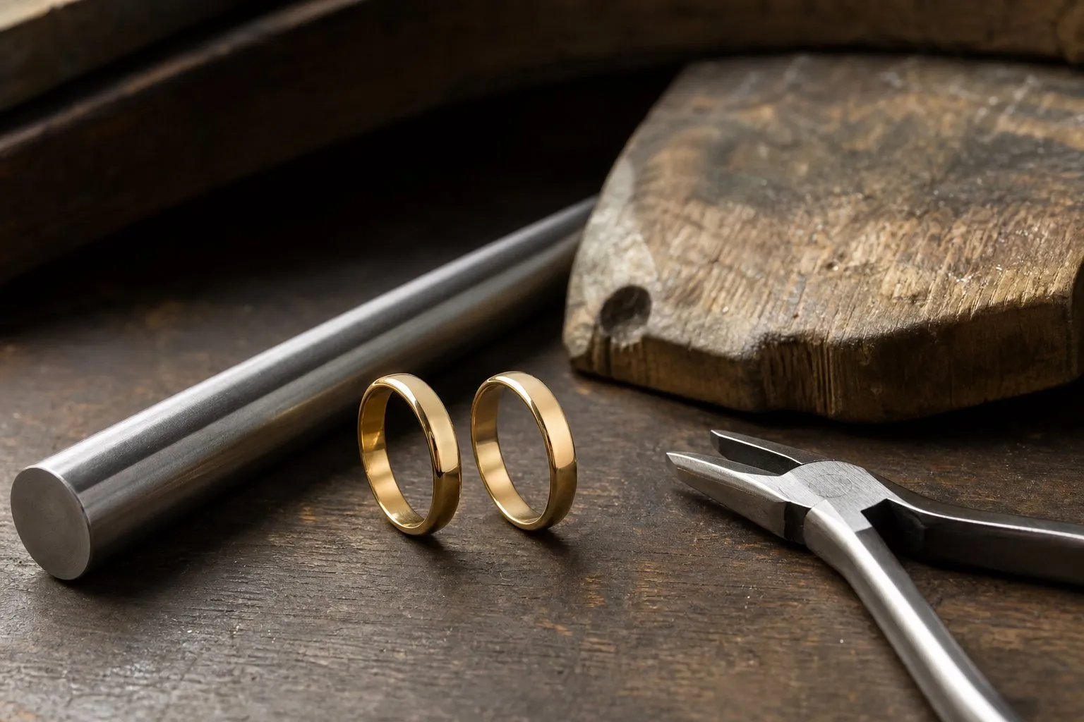 Two plain unset polished gold ring blanks standing on edge on a worn jeweler's benchtop