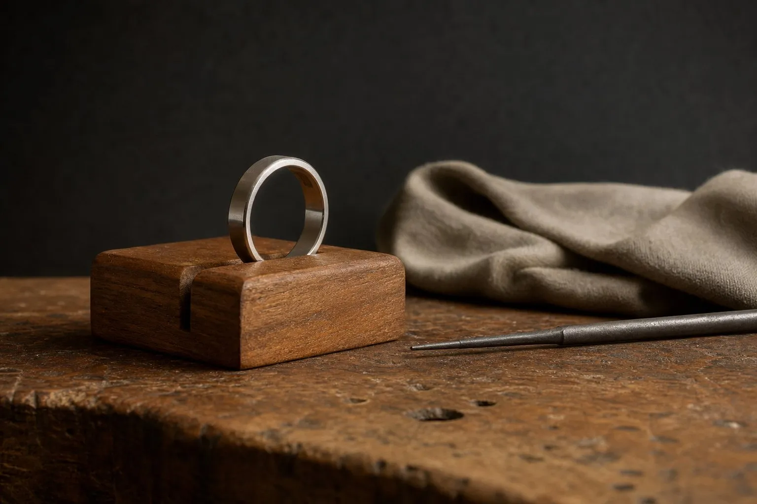 A single plain polished platinum colored ring on a worn wooden jeweler's benchtop beside hand tools
