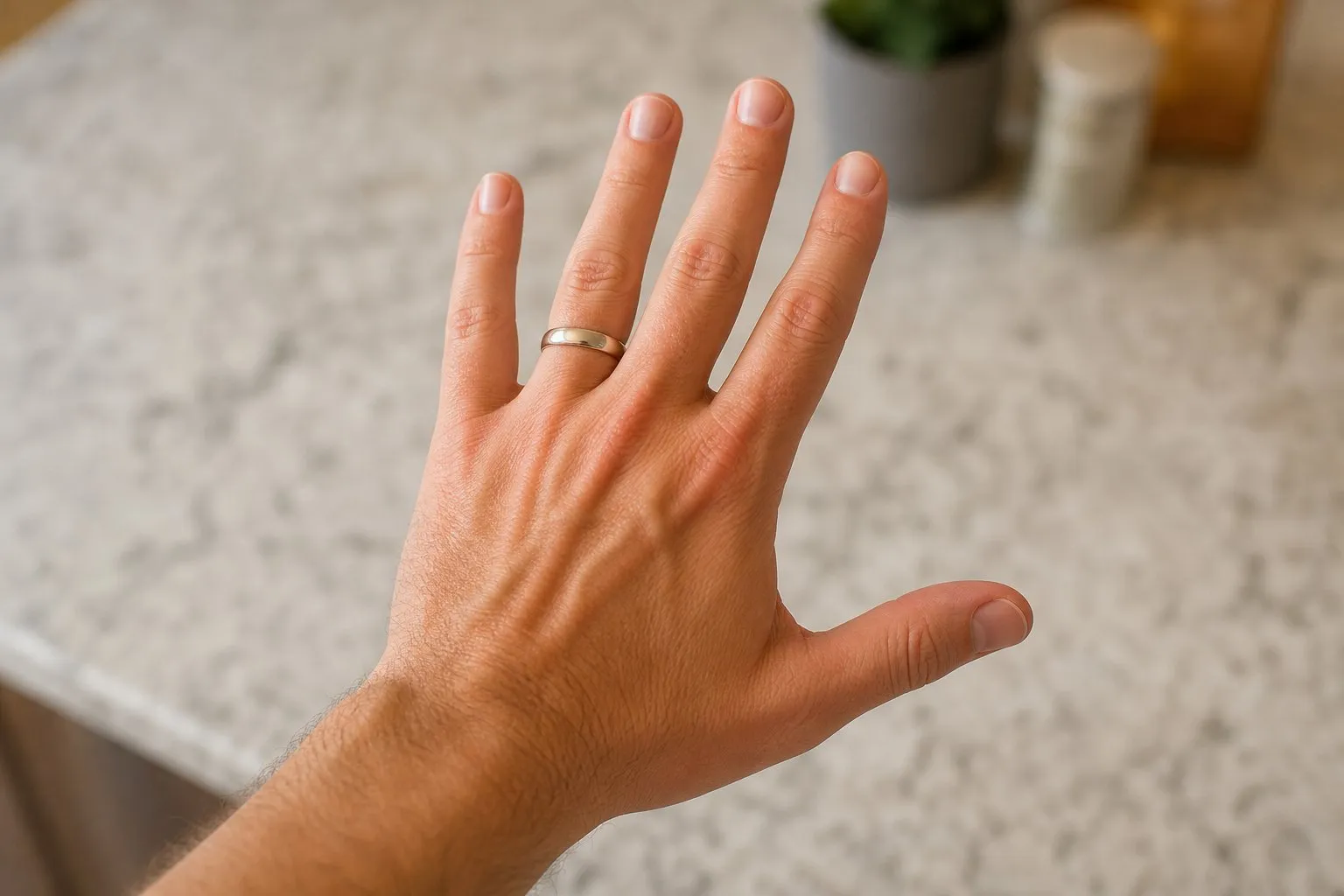 An open hand wearing only a plain band on the ring finger, the engagement ring left off