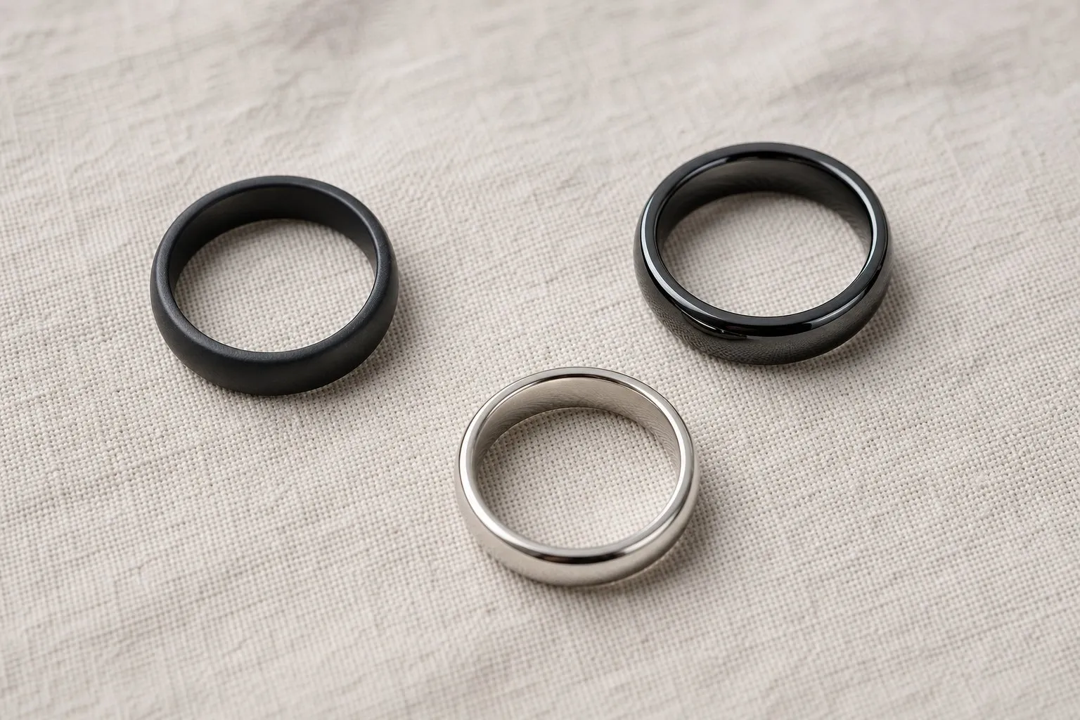 Three ceramic wedding bands on linen: one matte black, one polished black and one white