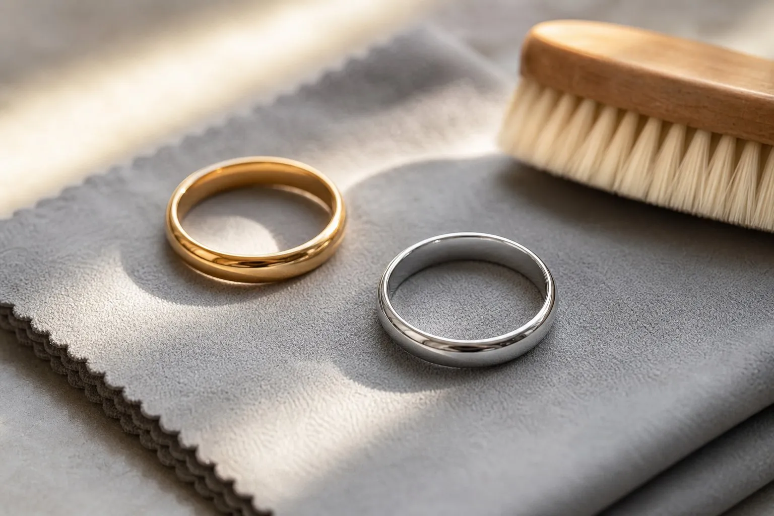 A yellow metal ring and a white metal ring side by side on a lint-free cloth with a soft brush