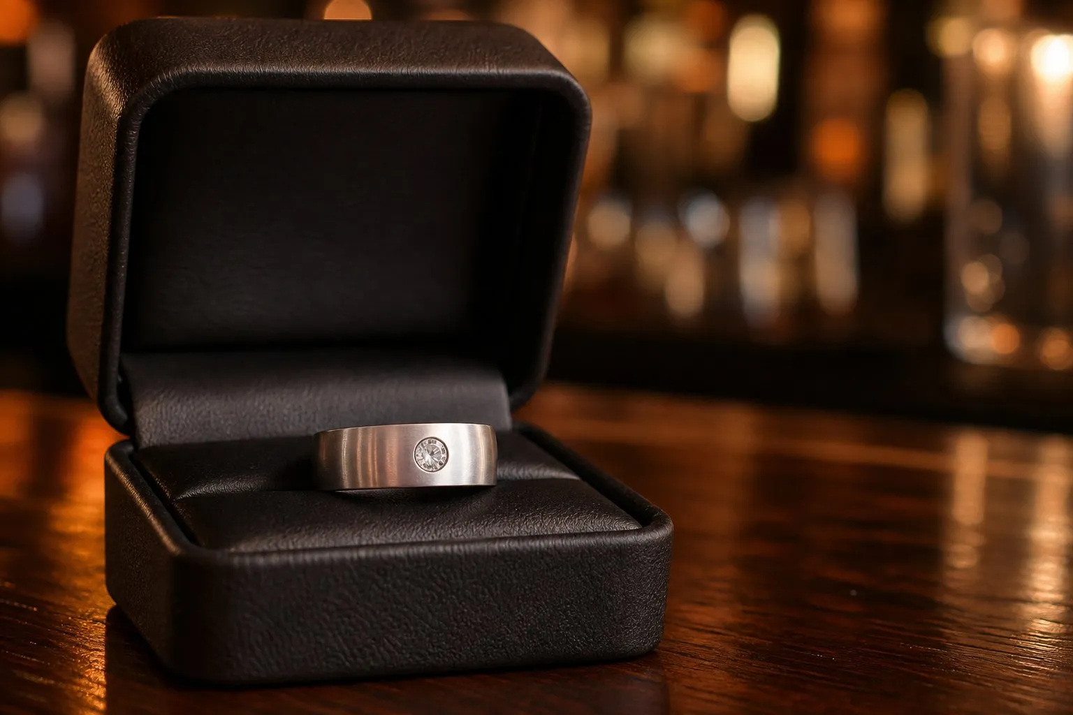 An open black leather ring box on a wooden bar counter holding a wide brushed men's engagement ring with one round diamond set flush into the band