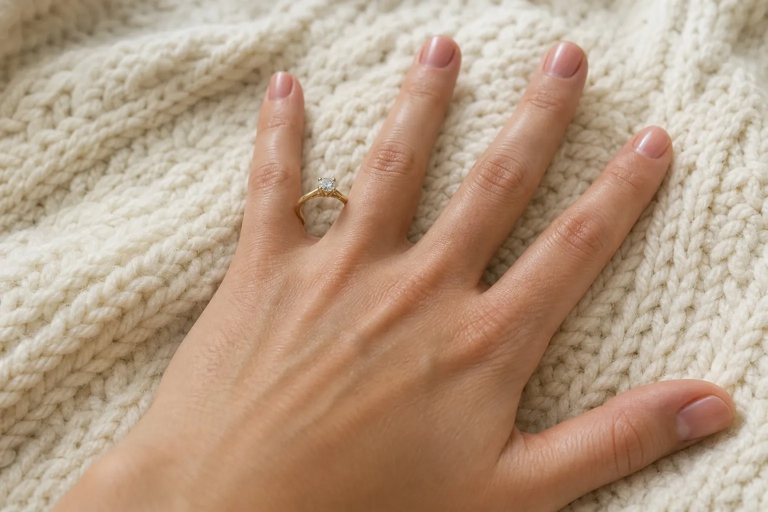 A cathedral setting seen in profile on a hand resting on a knit blanket