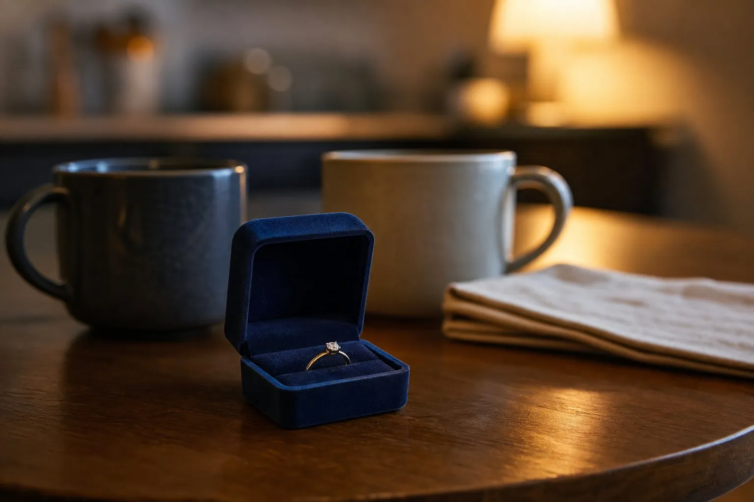 A small open dark blue ring box holding a thin gold engagement ring with a small stone on a wooden kitchen table between two mugs in warm evening lamp light, a simple engagement ring on a modest budget
