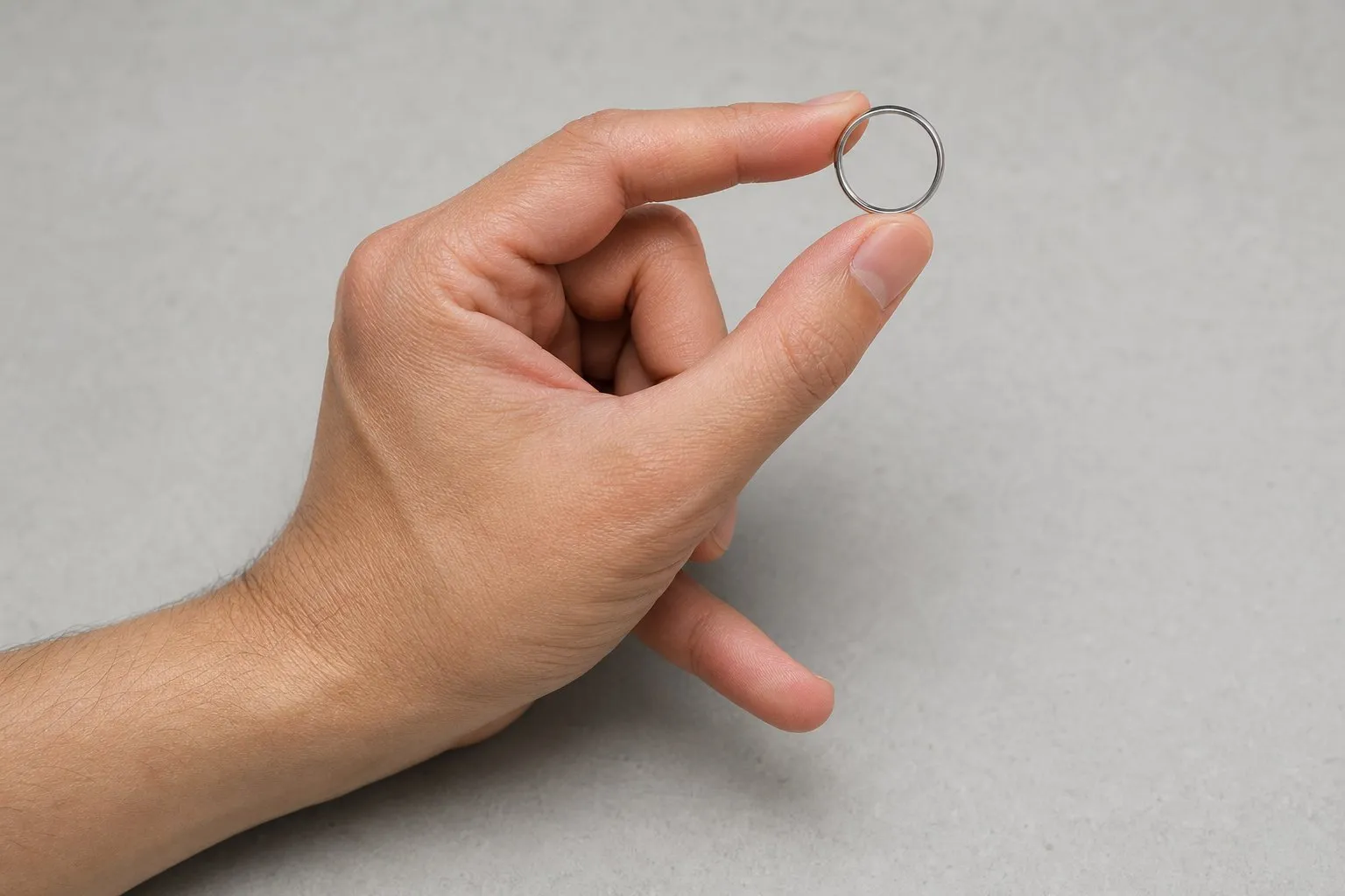 One hand holding a plain metal ring between thumb and index finger