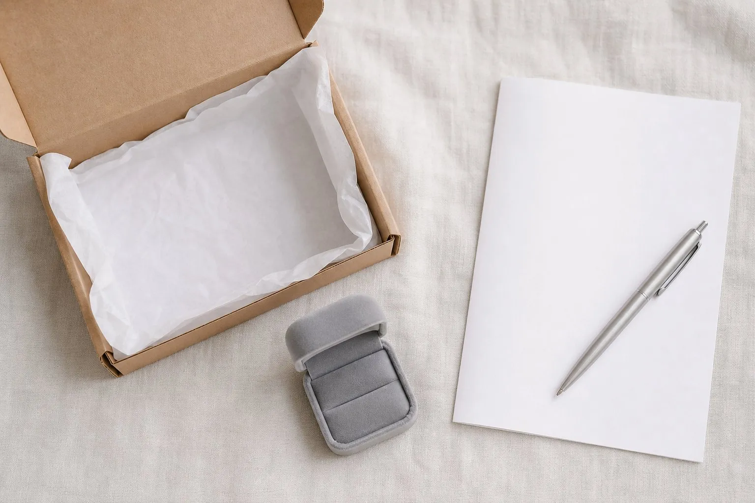 An open cardboard shipping box lined with tissue paper, an empty gray velvet ring box, a blank sheet of paper and a pen, photographed from above on pale linen