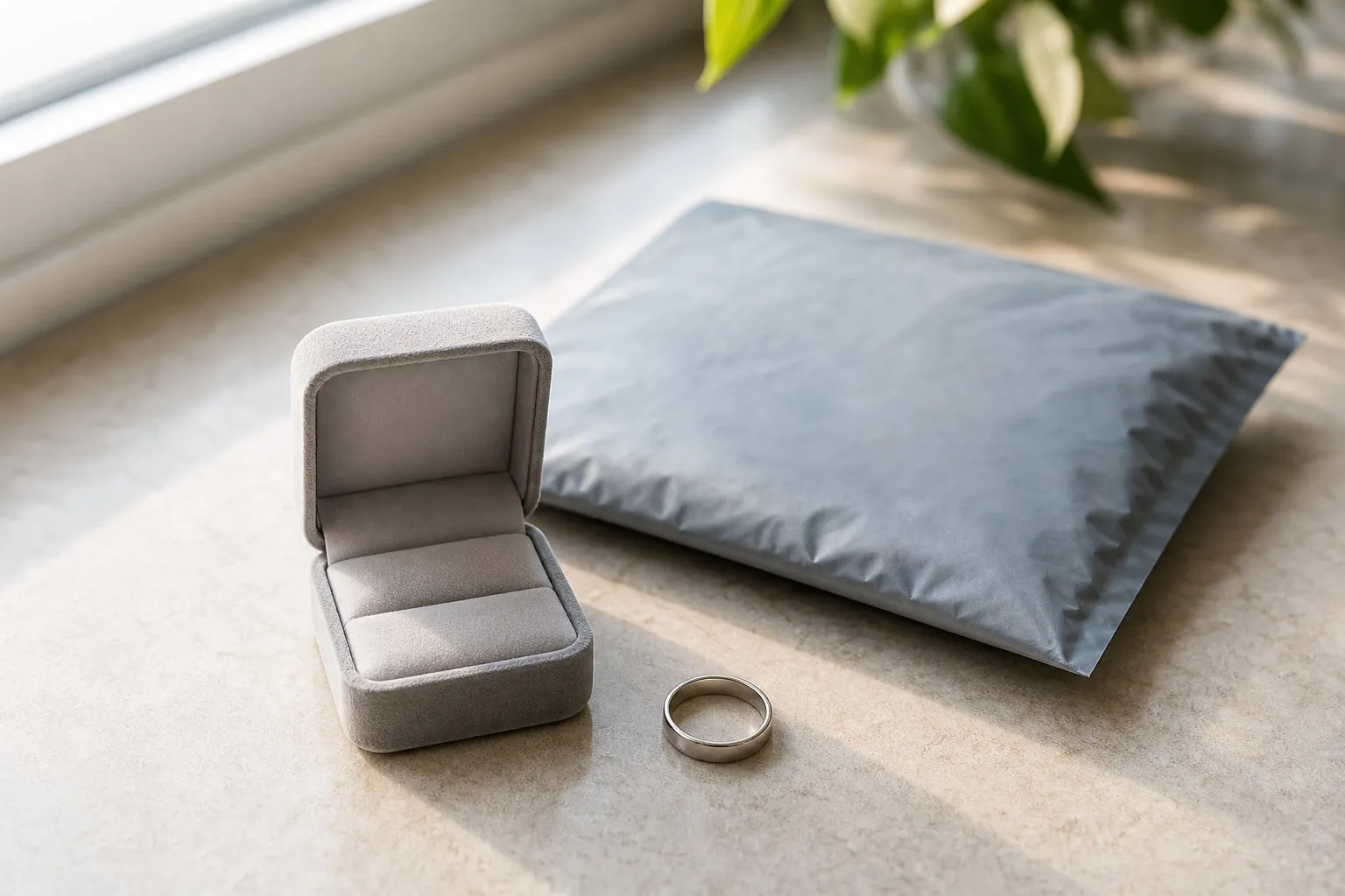 An empty jewelry box, a plain wedding ring and a blank padded mailer on a counter