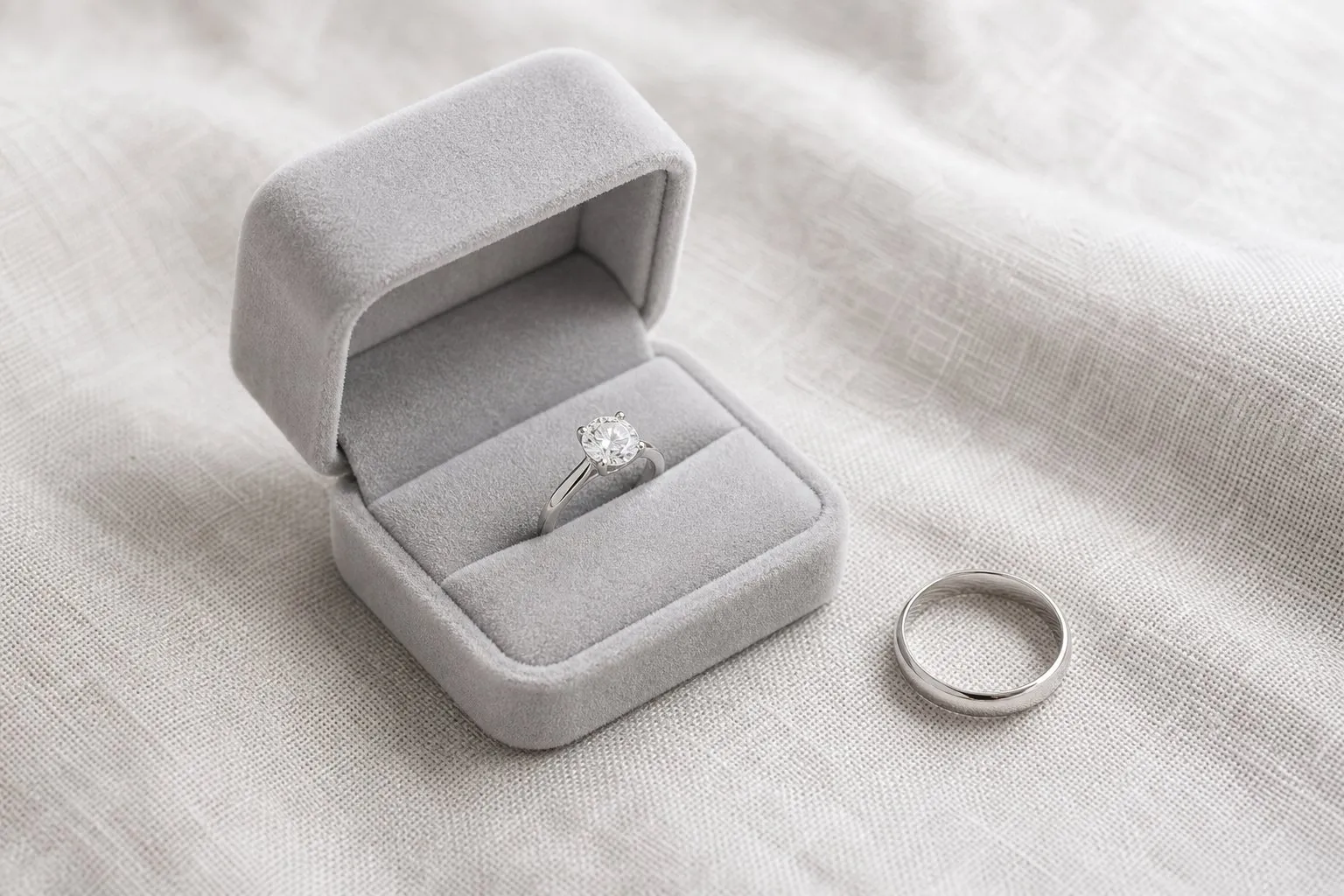 A white metal solitaire engagement ring in an open gray velvet box beside a plain wedding band