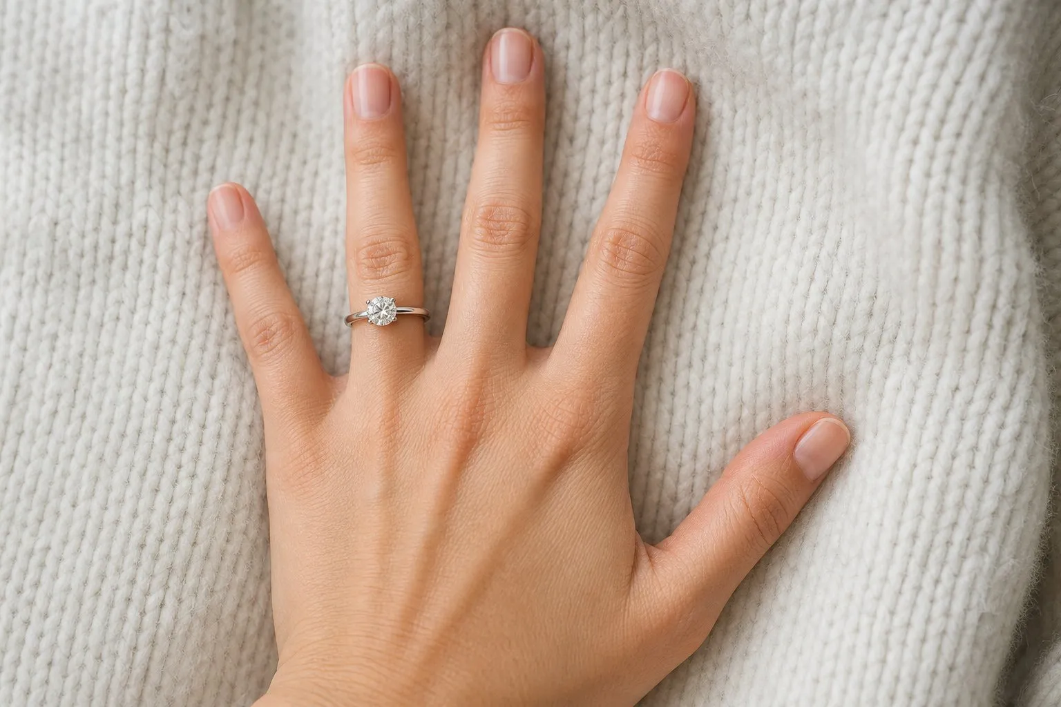 An engagement ring setting with a round diamond held by six slim prongs, on a hand resting on a wool sweater