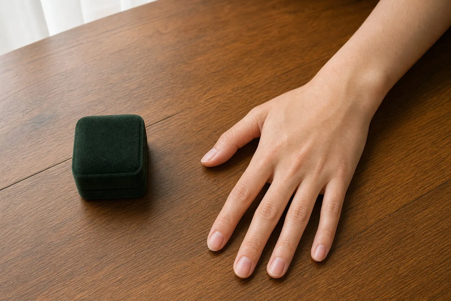 One hand resting flat on a wooden counter beside a small closed ring box