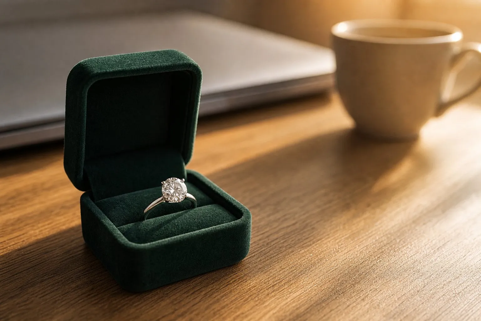 An open dark green velvet ring box holding a white gold solitaire with one round diamond on a wooden desk in warm morning light, with a closed laptop and a coffee cup behind it, an engagement ring bought on a budget under $10,000