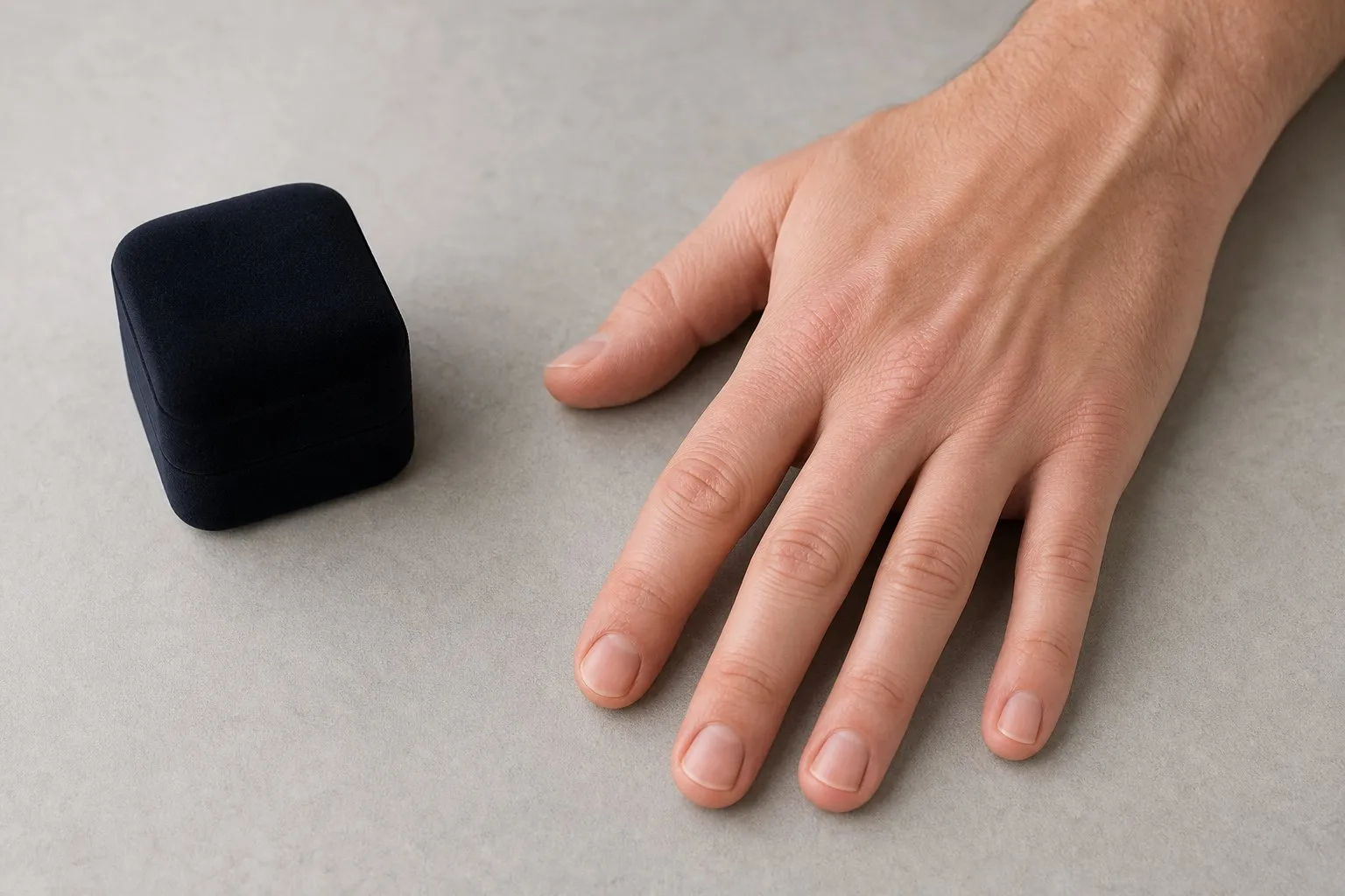 One hand resting flat on a table beside a closed ring box