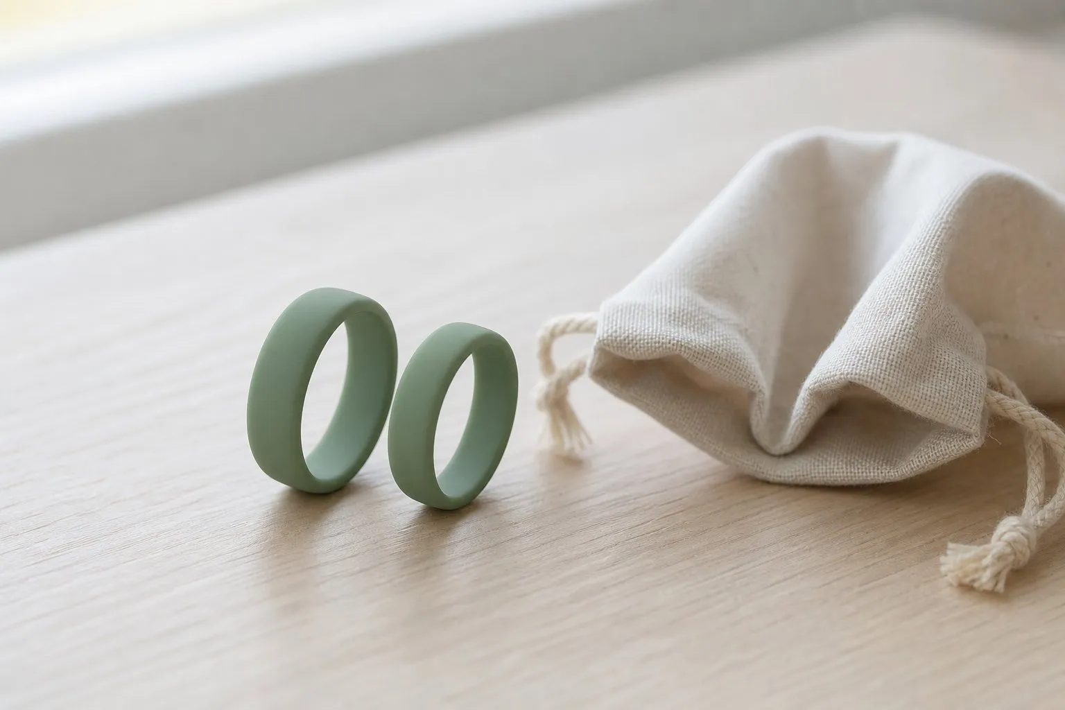 Two sage green silicone wedding rings in different sizes on a pale table beside a cotton drawstring pouch
