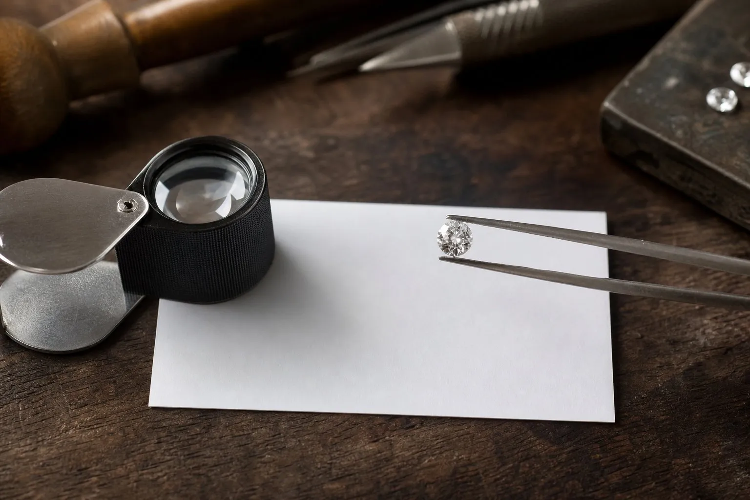Fine steel tweezers holding a loose round diamond above a blank white card beside a jeweler's loupe on a wooden bench, the stone a grading report describes
