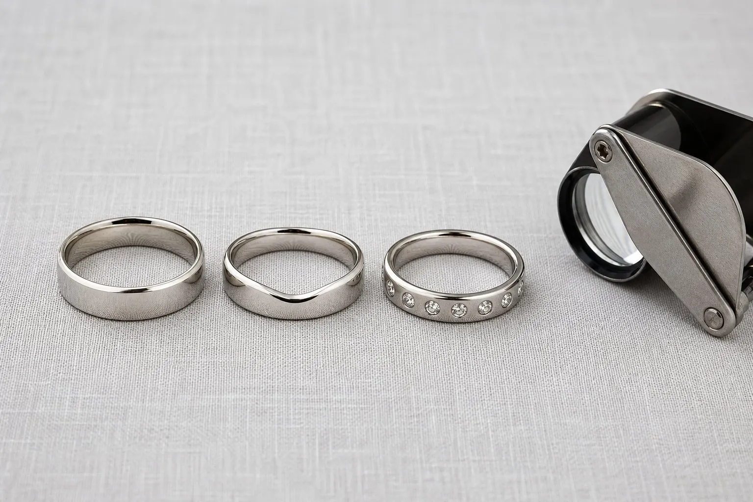 Three wedding bands for a bezel set engagement ring, one straight, one curved and one bezel set, beside a loupe