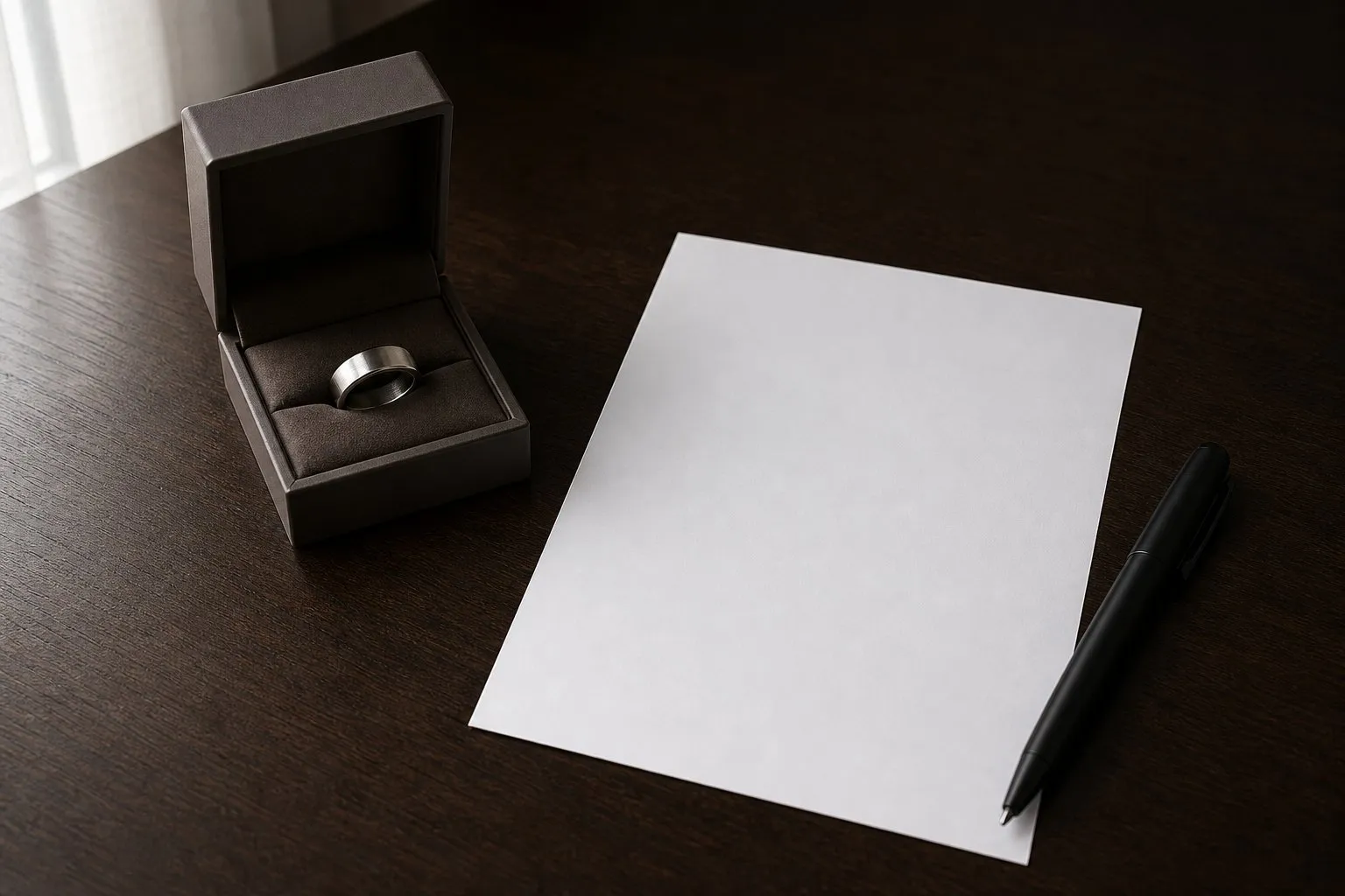 A brushed metal wedding ring in an open box on a dark desk beside a blank sheet of paper and a pen
