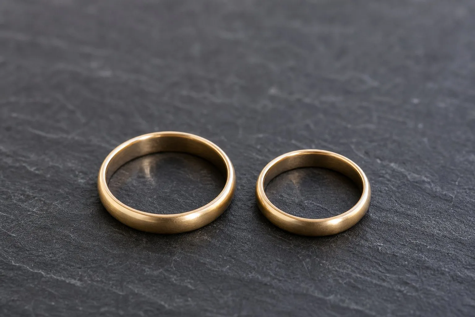 Two plain wedding rings of slightly different sizes side by side on dark slate
